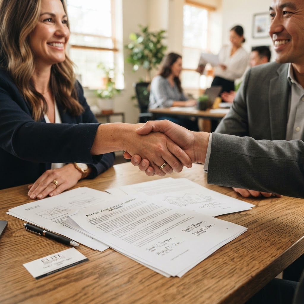 Two people shaking hands over closing documents after selling land