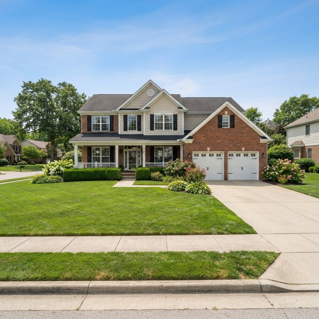 Exterior of a typical American single-family house with front lawn