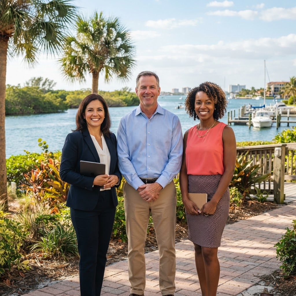 The Mali Group team standing outdoors in front of a Florida landscape
